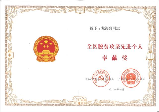 大业集团龙海盛董事长荣获全区脱贫攻坚先进个人荣誉称号
